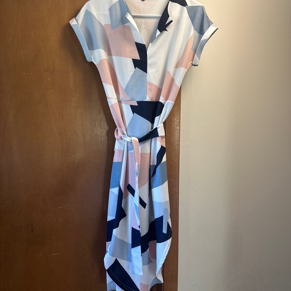 ASOS Geometric High Low Dress in Blue and Pink